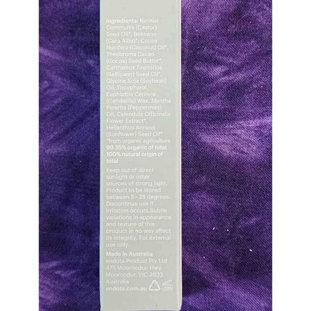 Endota Organics Hydrating Lip Balm 15g Tube Calendula Vitamin E Peppermint Oil